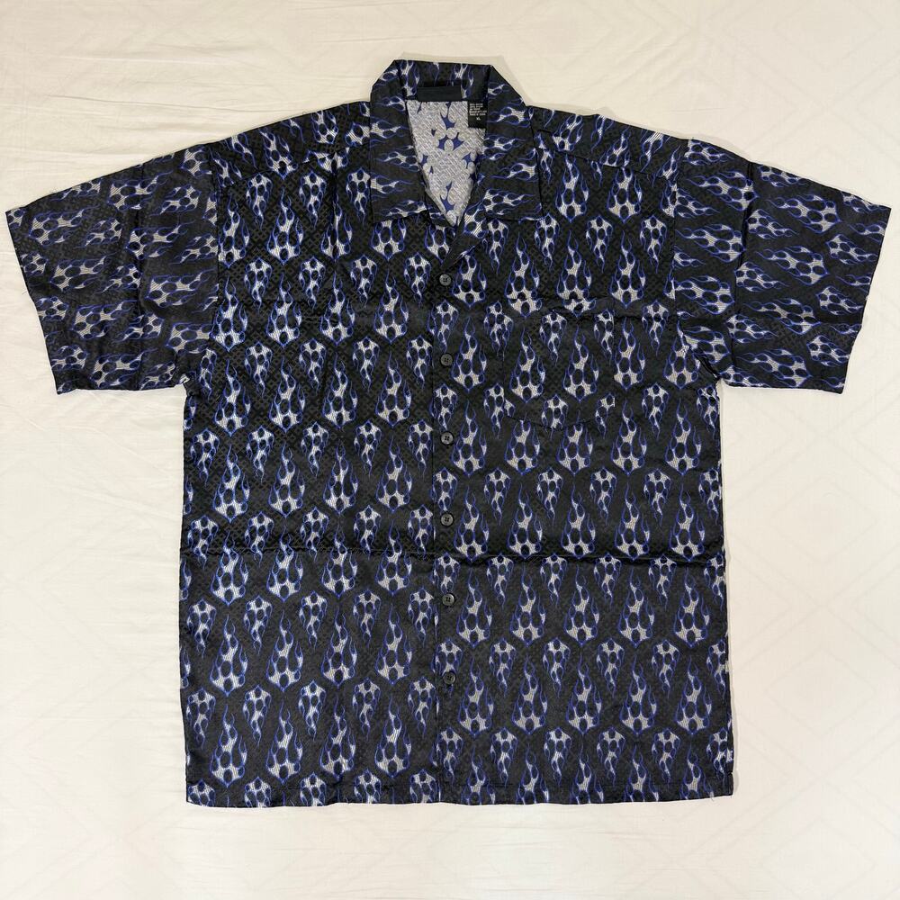 Vintage 2001 ODO Blue Metallic Flame Camp Shirt Mens XL Y2K Raver Cyber Skater